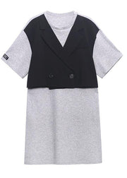Unique Grey Patchwork Black Button Party Summer Cotton Dress - bagstylebliss