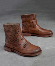 Unique Hollow Out Splicing Boots Brown Cowhide Leather