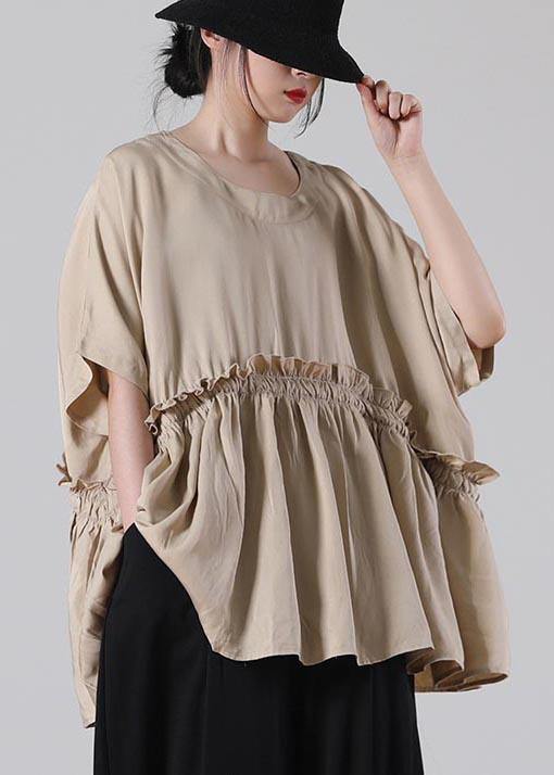 Unique Khaki O-Neck Cotton Loose Top Summer - bagstylebliss