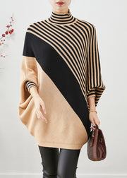 Unique Khaki Oversized Patchwork Striped Knit Sweater Tops Winter