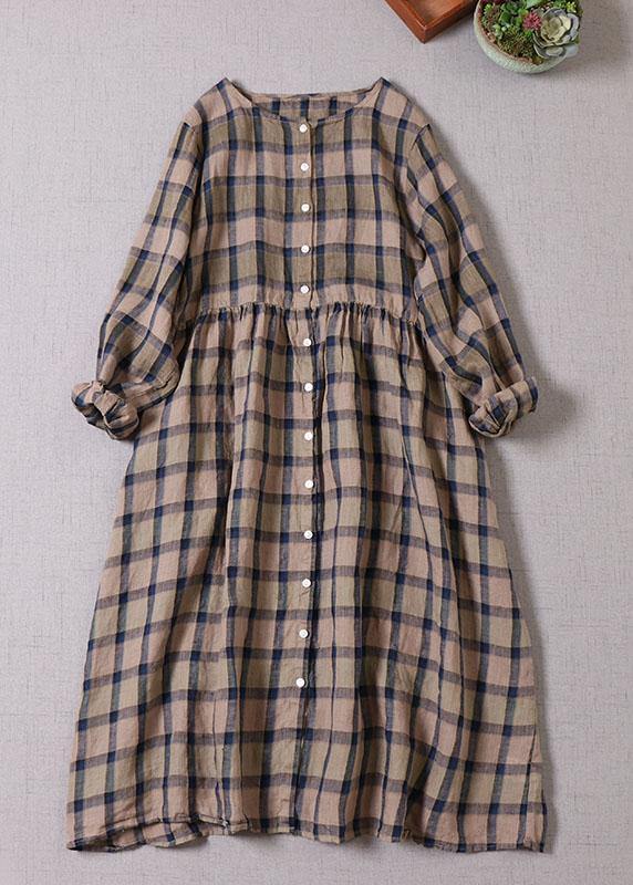 Unique Khaki Plaid Patchwork Pockets Button Fall Long sleeve Dresses - bagstylebliss