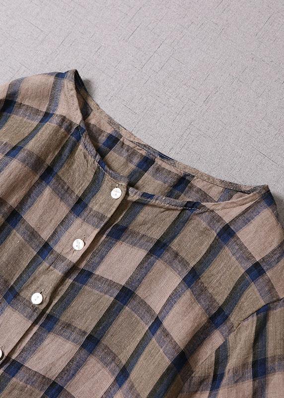 Unique Khaki Plaid Patchwork Pockets Button Fall Long sleeve Dresses - bagstylebliss