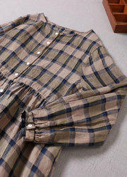 Unique Khaki Plaid Patchwork Pockets Button Fall Long sleeve Dresses - bagstylebliss