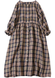 Unique Khaki Plaid Patchwork Pockets Button Fall Long sleeve Dresses - bagstylebliss