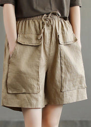 Unique Khaki Pockets Patchwork Linen Shorts Summer