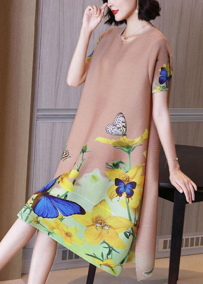 Unique Khaki Butterfly Print Knee Dress Summer Holiday Outfits - bagstylebliss