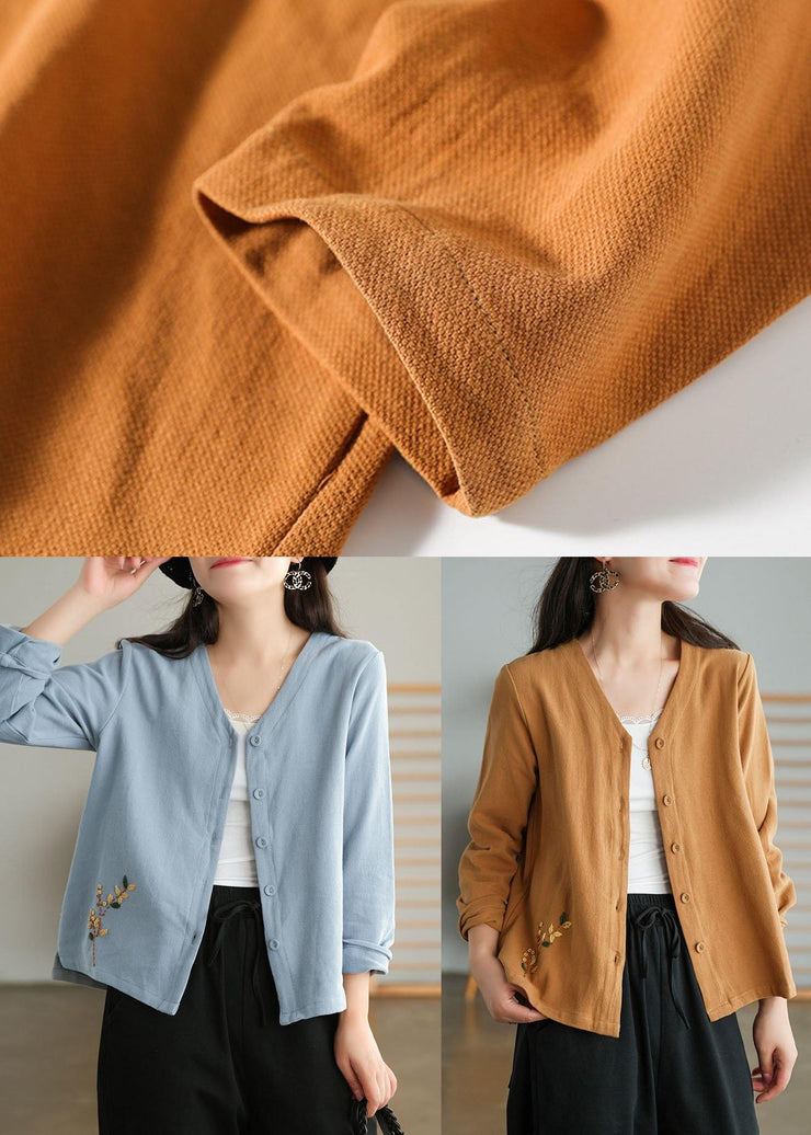 Unique Khaki Side Open Embroideried Fall Long Sleeve Shirt - bagstylebliss