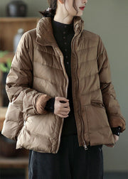 Unique Khaki Stand Collar Pockets fashion Winter Down Coats