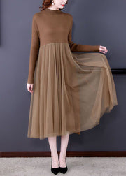 Unique Khaki Stand Collar Tulle Patchwork Knit Long Dress Long Sleeve