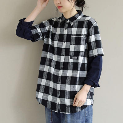 Unique Lapel False Two Pieces Crane Tops Design Black White Plaid Tops - bagstylebliss