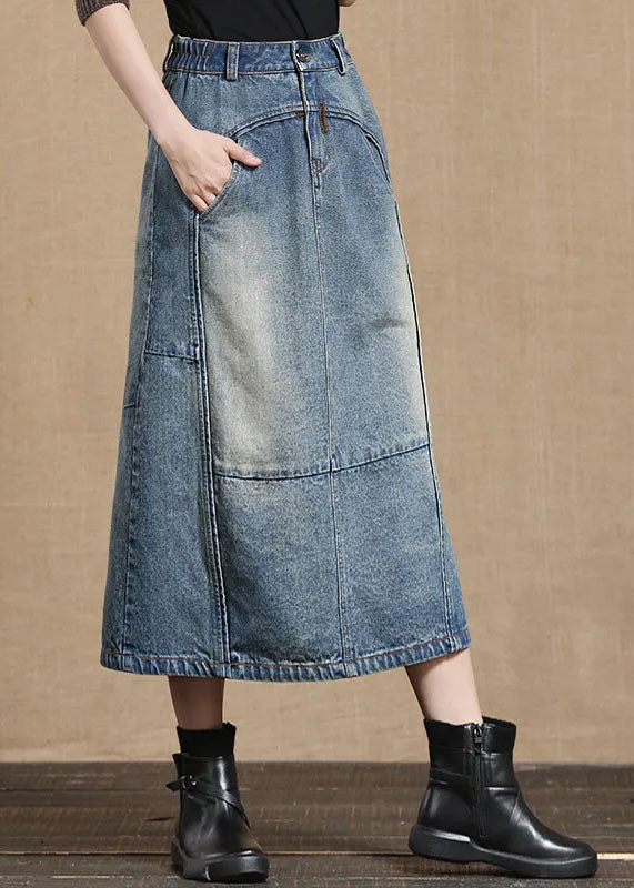 Unique Light Blue Elastic Waist Pockets Cotton Denim Skirt Summer