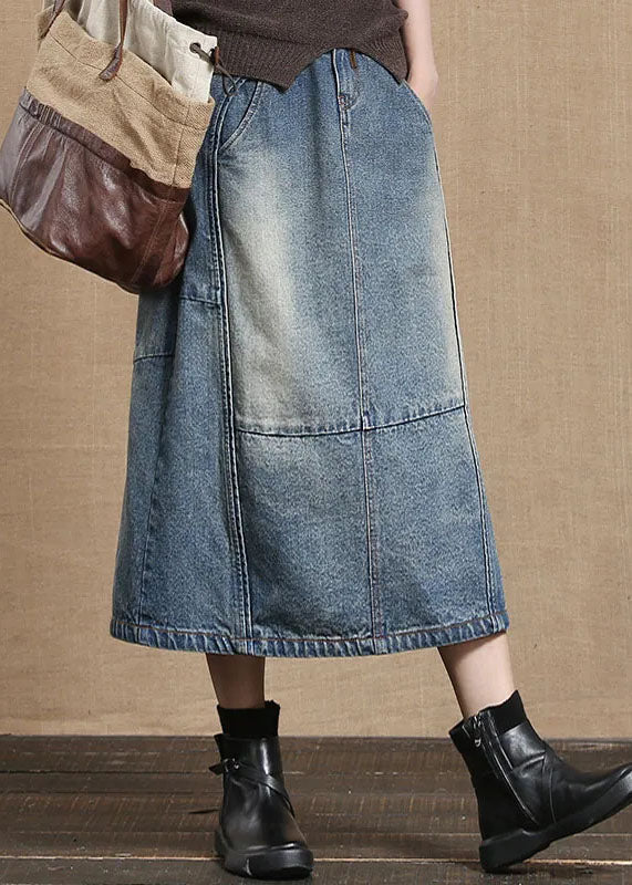 Unique Light Blue Elastic Waist Pockets Cotton Denim Skirt Summer