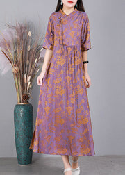 Unique Light Purple Stand Collar Jacquard Side Open Oriental Button Silk Dress Half Sleeve