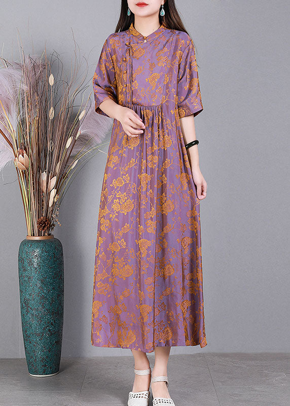 Unique Light Purple Stand Collar Jacquard Side Open Oriental Button Silk Dress Half Sleeve