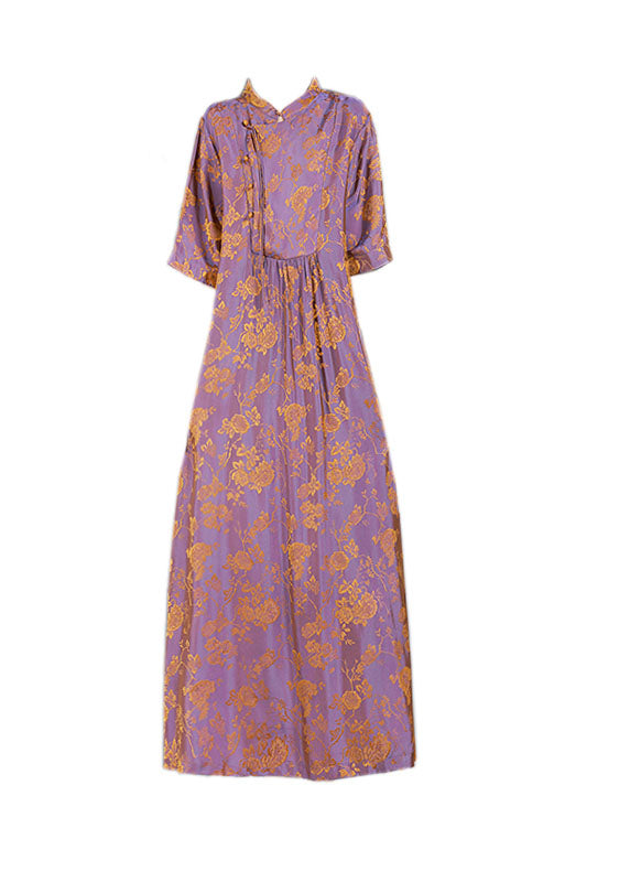 Unique Light Purple Stand Collar Jacquard Side Open Oriental Button Silk Dress Half Sleeve