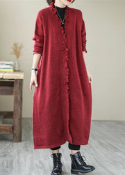 Unique Mulberry Tasseled Pockets Knit Spring Coat