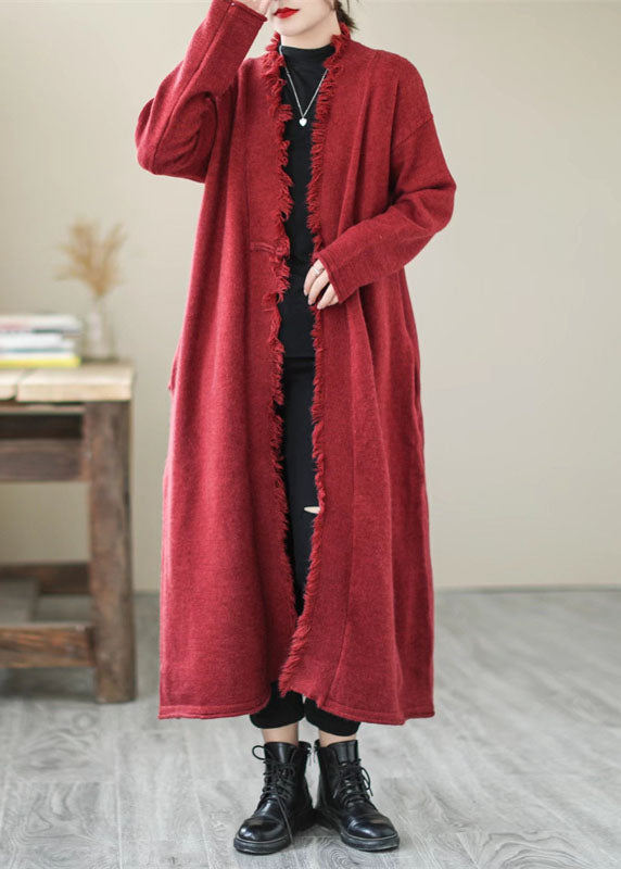 Unique Mulberry Tasseled Pockets Knit Spring Coat