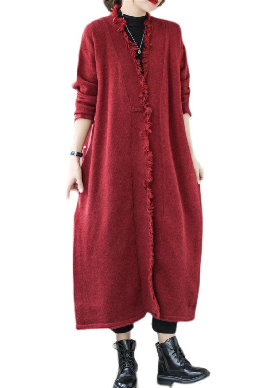 Unique Mulberry Tasseled Pockets Knit Spring Coat