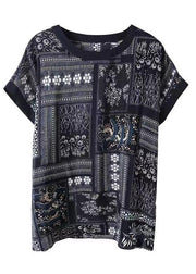 Unique Navy O Neck Print Patchwork Silk T Shirt Short Sleeve