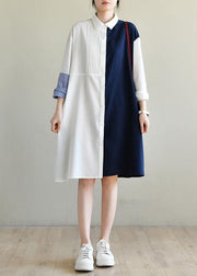 Unique Navy Patchwork White Peter Pan Collar Cotton Spring Mid Dress - bagstylebliss