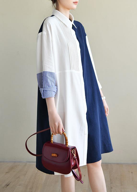 Unique Navy Patchwork White Peter Pan Collar Cotton Spring Mid Dress - bagstylebliss