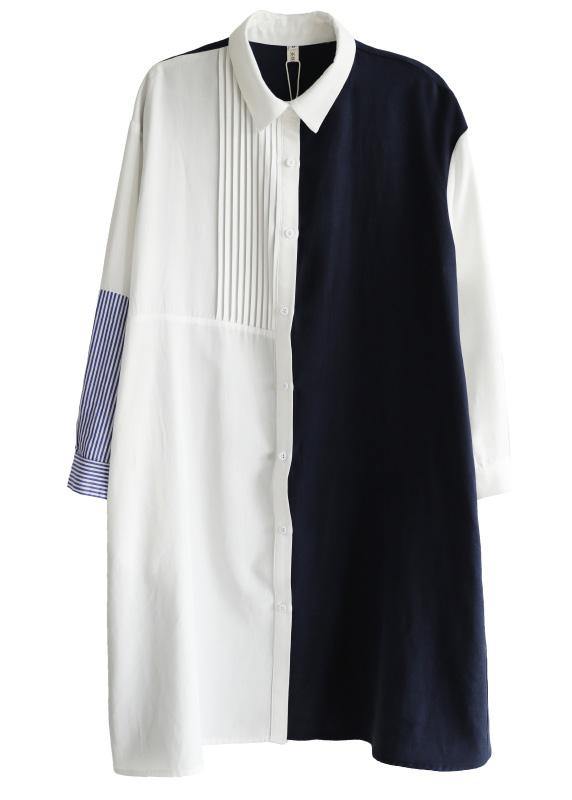 Unique Navy Patchwork White Peter Pan Collar Cotton Spring Mid Dress - bagstylebliss