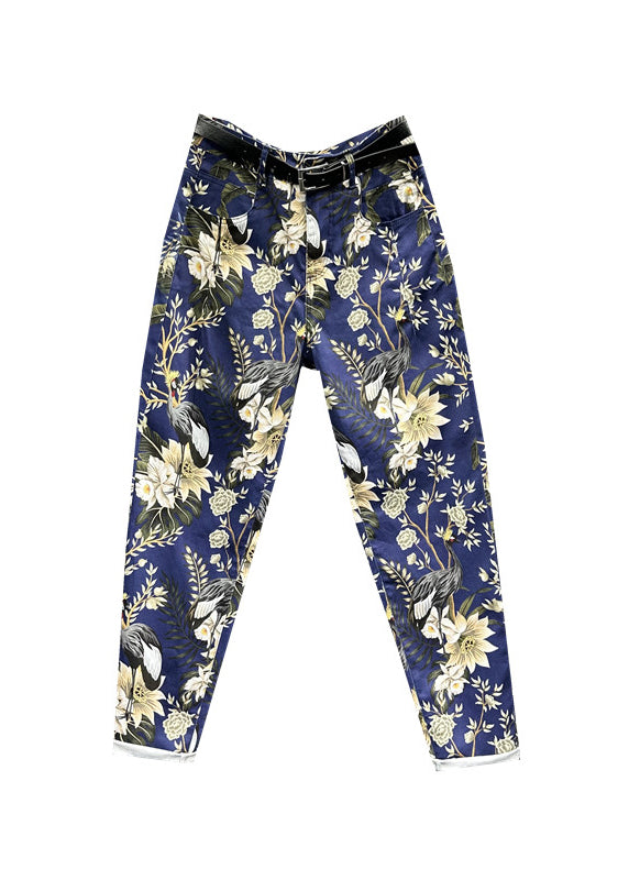 Unique Navy Print Pockets Patchwork Denim Pants Fall