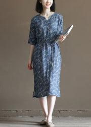 Unique Navy V Neck Print Tie Waist Linen Women's Dresses Half Sleeve