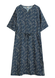 Unique Navy V Neck Print Tie Waist Linen Women's Dresses Half Sleeve