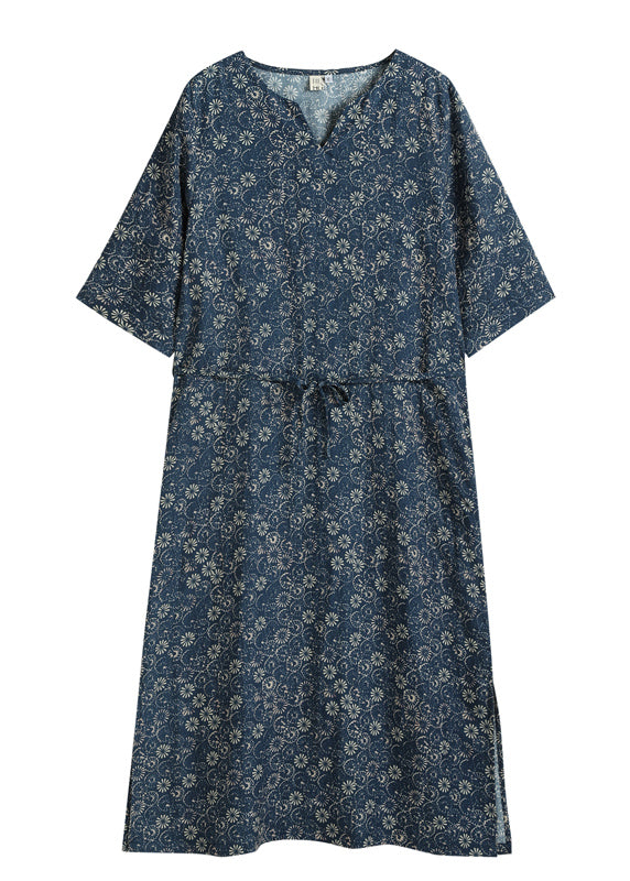 Unique Navy V Neck Print Tie Waist Linen Women&