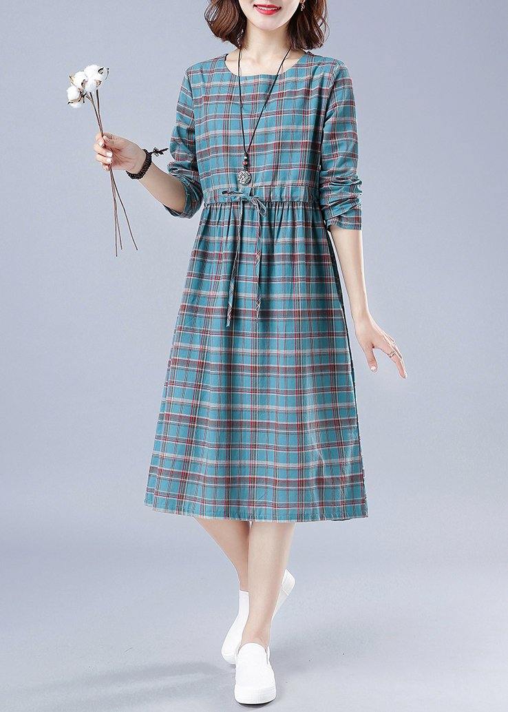 Unique O Neck Drawstring Spring Dress Runway Blue Plaid Dresses - bagstylebliss