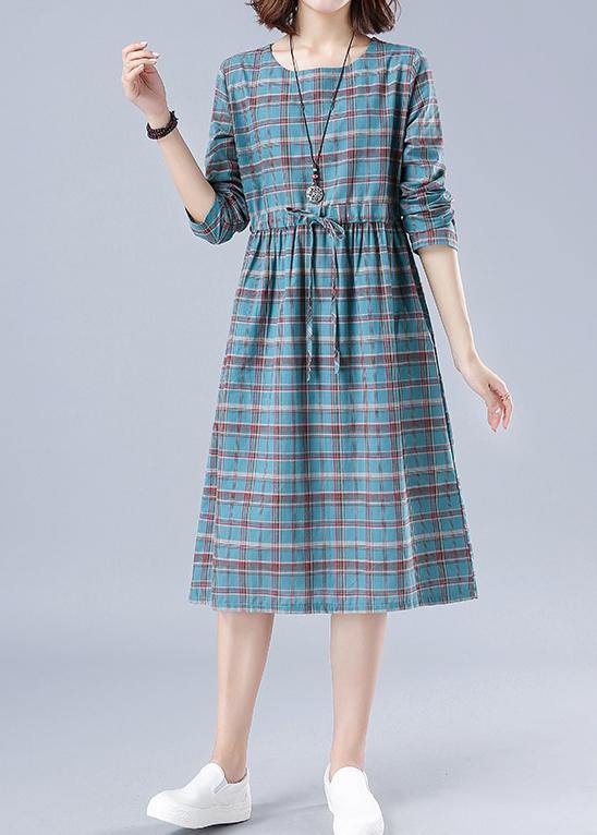 Unique O Neck Drawstring Spring Dress Runway Blue Plaid Dresses - bagstylebliss