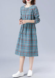 Unique O Neck Drawstring Spring Dress Runway Blue Plaid Dresses - bagstylebliss