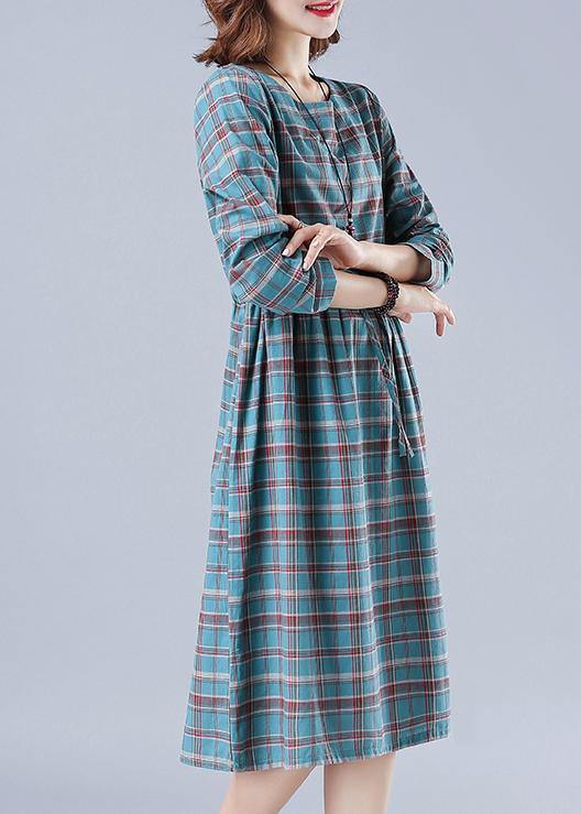 Unique O Neck Drawstring Spring Dress Runway Blue Plaid Dresses - bagstylebliss