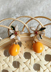 Unique Orange Gardenia Metal Drop Earrings