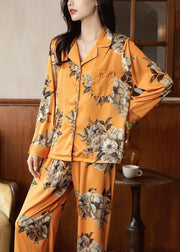 Unique Orange Oversized Floral Pocket Ice Silk Pajamas Two Pieces Set Spring