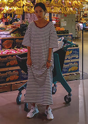 Einzigartige Fotofarbe O-Neck Gestreifte Baumwolle Lange Kleider Halbarm