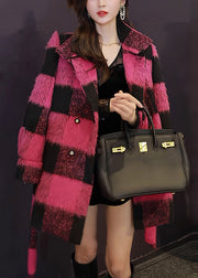 Unique Pink Button Tie Waist Patchwork Woolen Coats Fall