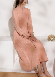 Unique Pink Embroideried tie waist Summer Linen Summer Dresses - bagstylebliss