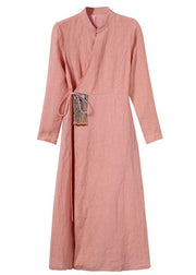 Unique Pink Embroideried tie waist Summer Linen Summer Dresses - bagstylebliss