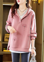 Unique Pink Hooded Embroidered Patchwork Cotton Sweatshirts Fall