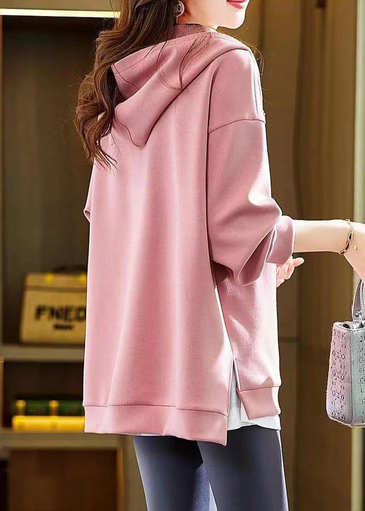 Unique Pink Hooded Embroidered Patchwork Cotton Sweatshirts Fall