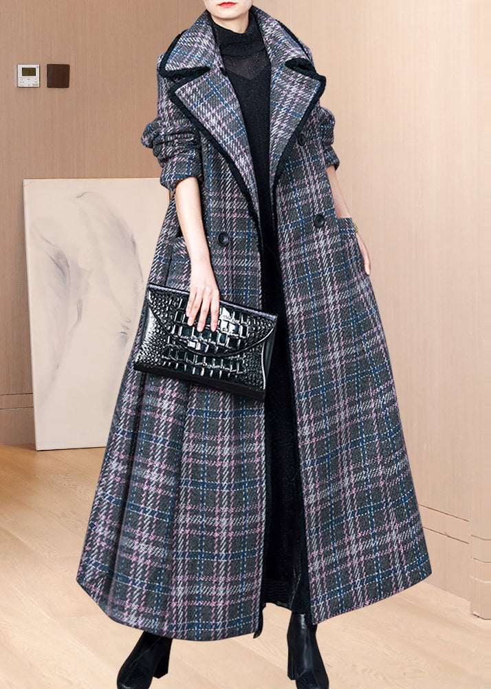 Unique Pink Plaid Peter Pan Collar Pockets Patchwork Woolen Coats Winter