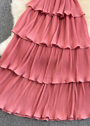 Unique Pink V Neck Sashes Maxi Layered Dress Short Sleeve