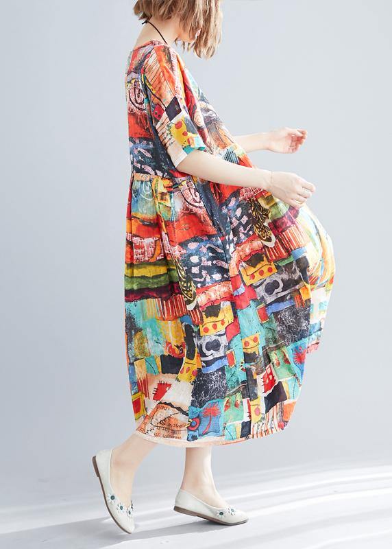 Unique Print O-Neck Cotton Loose Summer Mid Dress - bagstylebliss