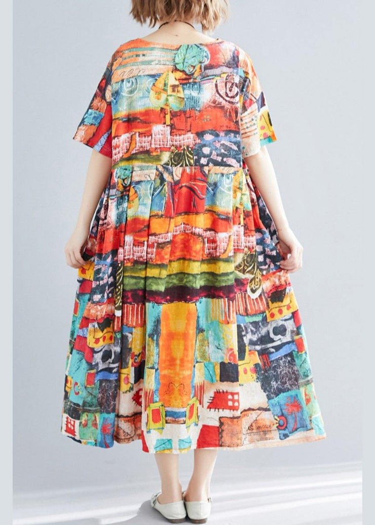 Unique Print O-Neck Cotton Loose Summer Mid Dress - bagstylebliss