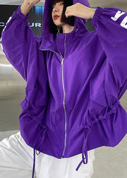 Unique Purple Cotton Letter zippered Hooded Coat Spring - bagstylebliss
