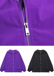 Unique Purple Cotton Letter zippered Hooded Coat Spring - bagstylebliss