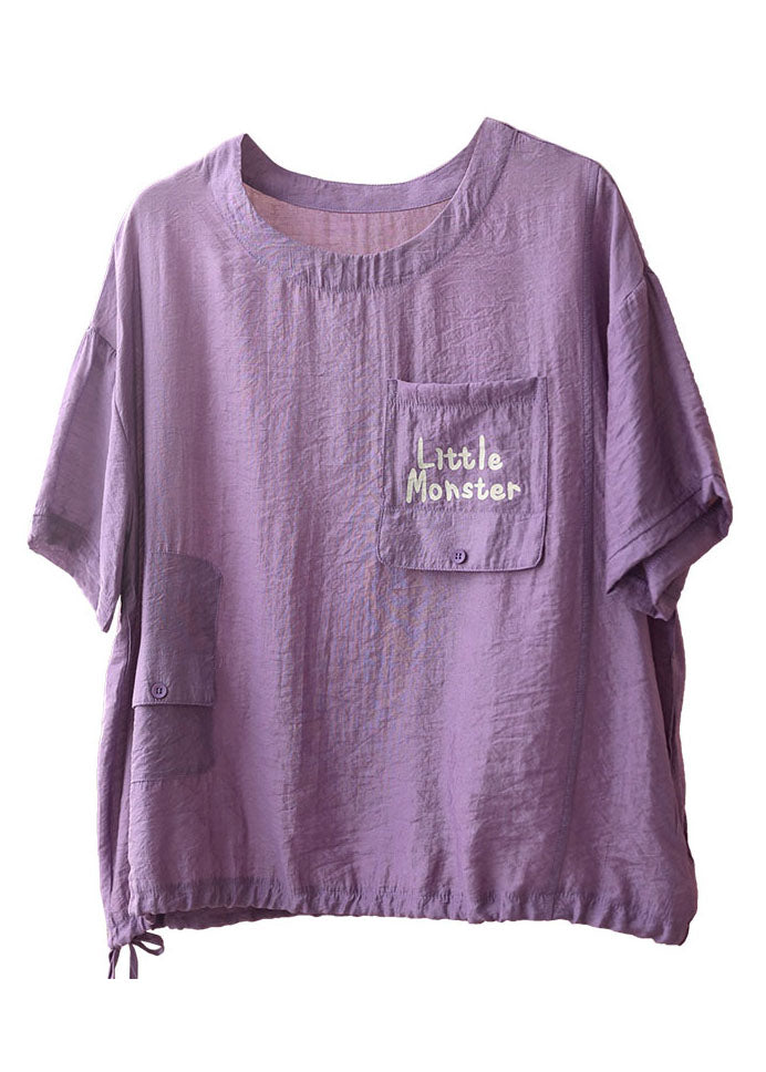 Unique Purple O-Neck Drawstring Pocket Letter Print Cotton Top Short Sleeve