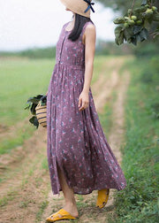 Unique Purple Print Dresses O-Neck Button Summer Sleeveless Dress - bagstylebliss